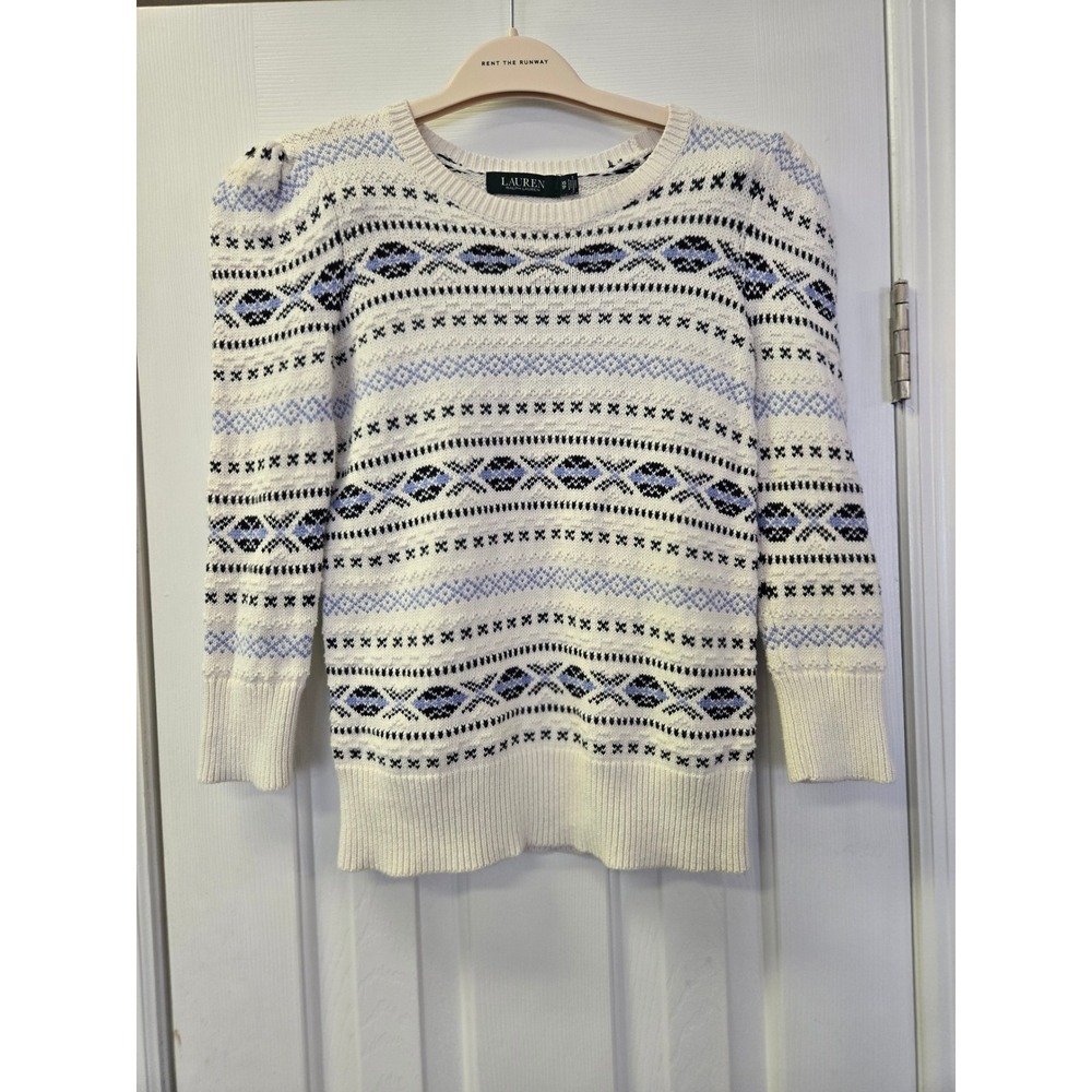 Lauren Ralph Lauren Fair Isle Puff Shoulder Knit Sweater Cream Blue XS